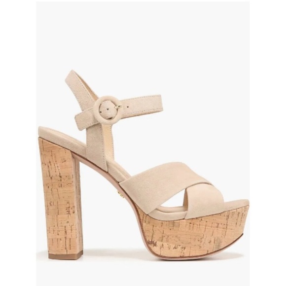 Veronica Beard Lucille Heels Suede Platform Cork Heel Sandals Tan Size 11 New - Picture 2 of 15